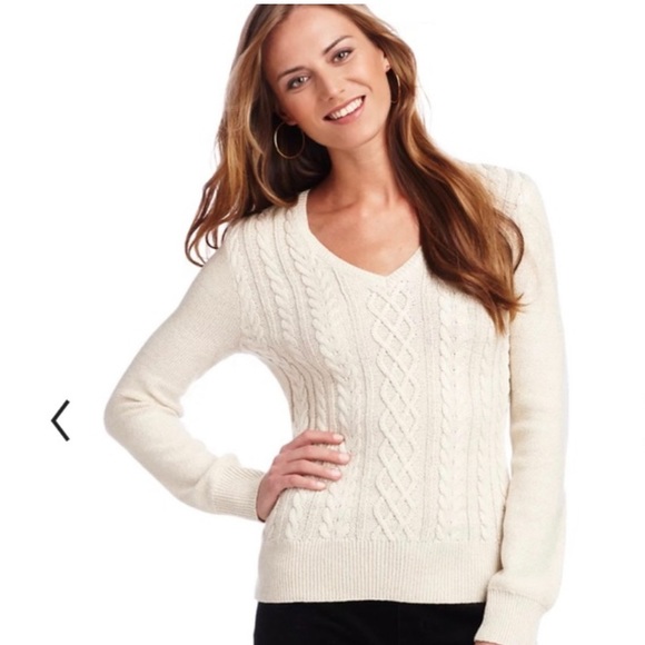 Chaps V Neck Cable Knit Sweater, cream with gold threading, XL - Picture 1 of 8